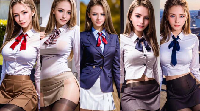 【AI美女圖鑑】No.760 Pin – Petite Beauty Uniform Girl 嬌小金發着衣巨乳寶貝女子校生制服誘惑 [30P 7M]